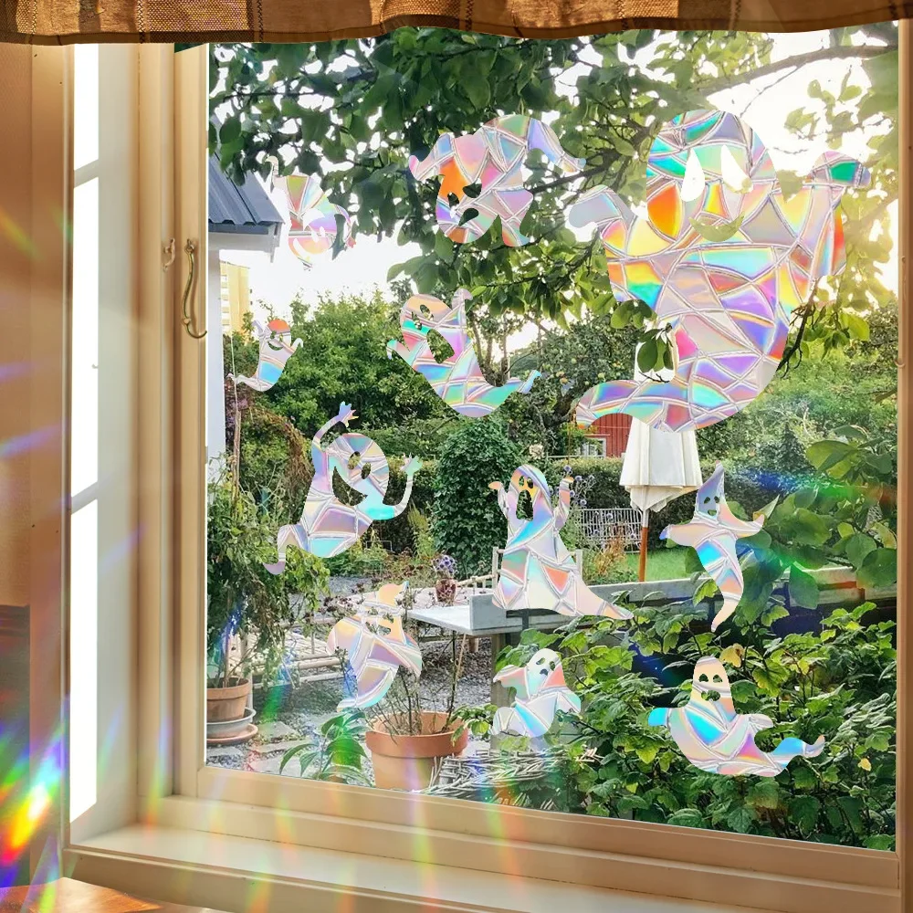 1Sheet Rainbow Suncatcher Window Stickers PVC Ghost Bats Prism Glass Wall Sticker Room Halloween Decoration Self Adhesive Decal