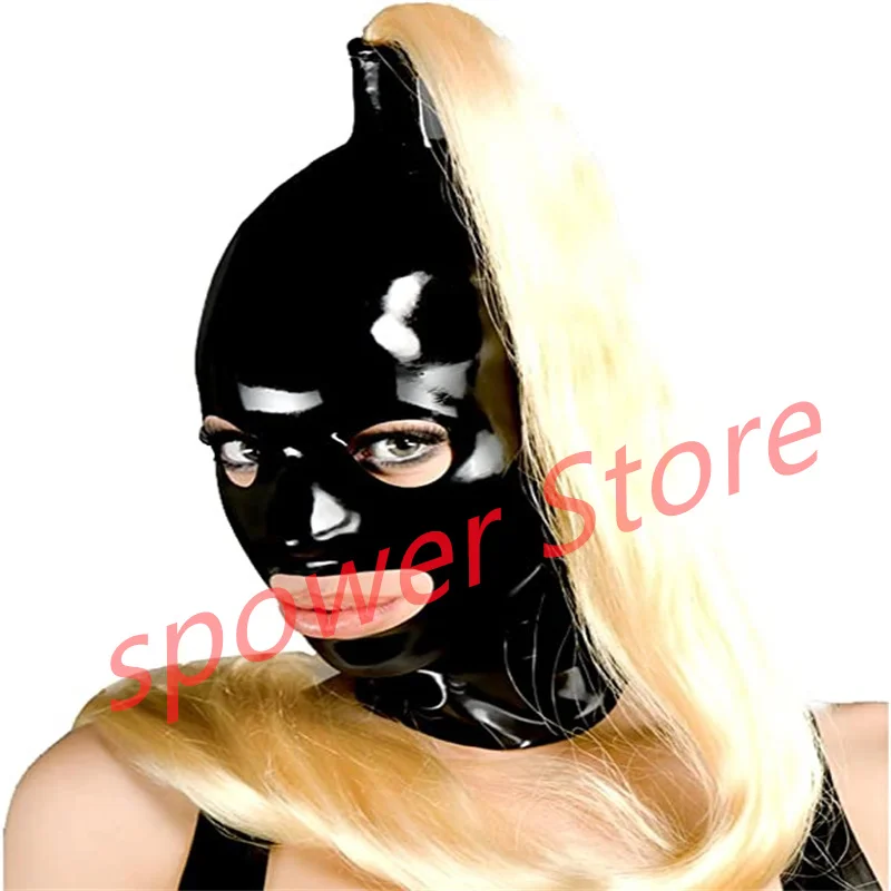 

Natural Latex Full Head Latex Hoods Rubber Mask Fetish Cosplay Mask Black with Hair Back Zipper Club Wear