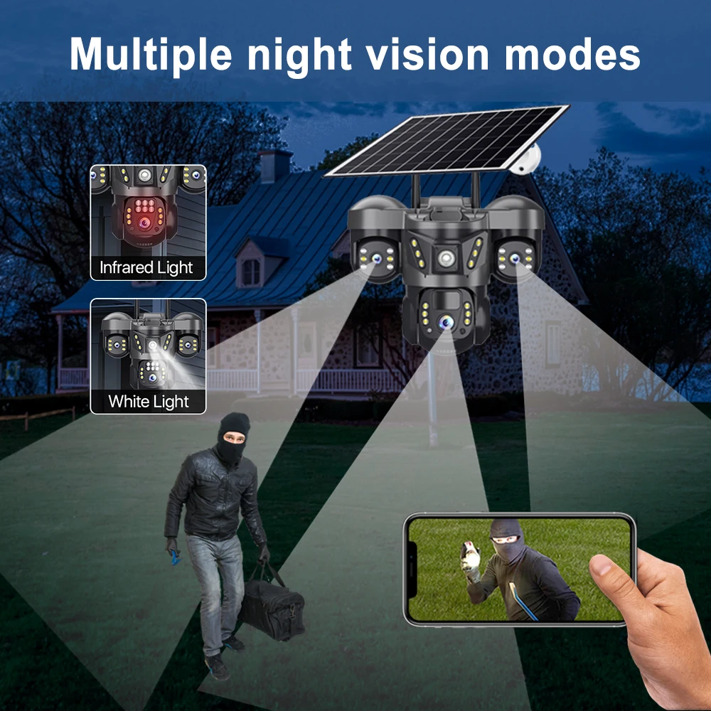 V380 Pro 15MP Triple Lens Triple Screen 10x Zoom HD Solar Camera 4G SIM WIFI Outdoor IP66 Waterproof PIR Human Detection Camera