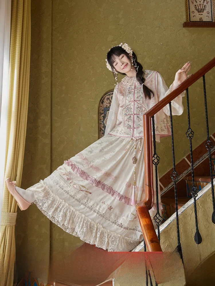 

Original July Evening Cherry Blossom Embroidered Hanfu Set Women's Inner Wear Top with Cake Skirt Chinese Sle Jaet
