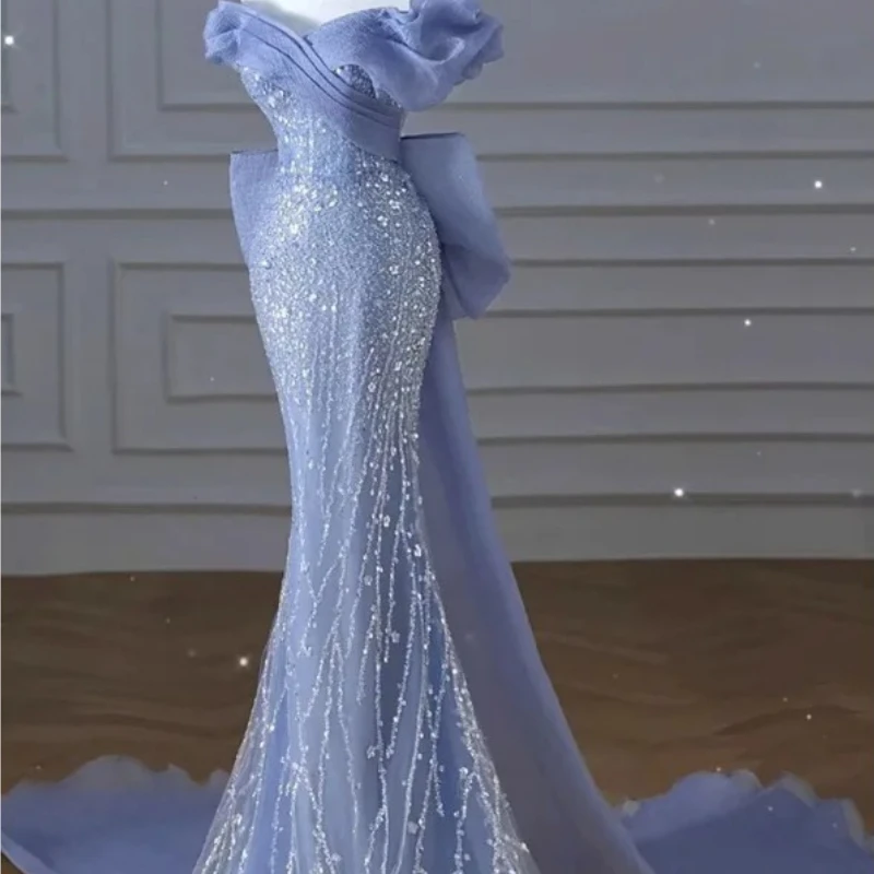 Vestido alto feminino fora do ombro azul vestido de noite luz luxo nicho sereia lantejoulas anfitrião elegante festa