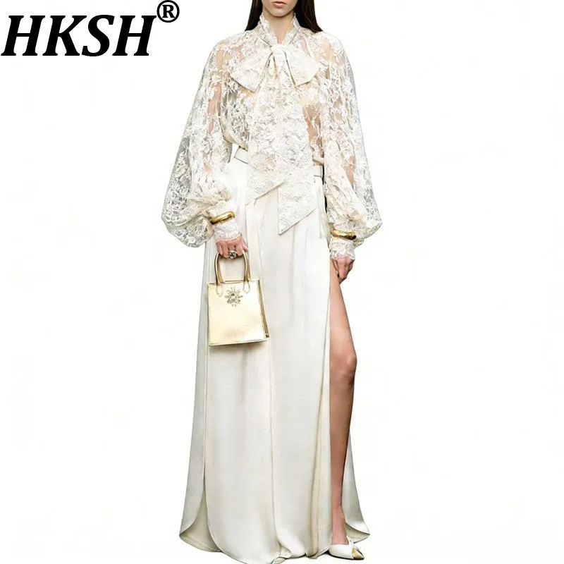 HKSH Women Elegant Trend Two-piece Set Lace Tie Bow Collar Long Sleeves Top Pleated Wide Leg Split Pants New Spring 2026 HK19547