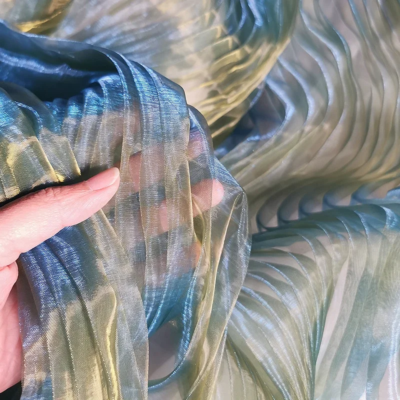 Ocean Theme Fabrics Mermaid Girl Illusion Laser Organ Pleat Pleated Fabric Original See-through Designer Fabrics