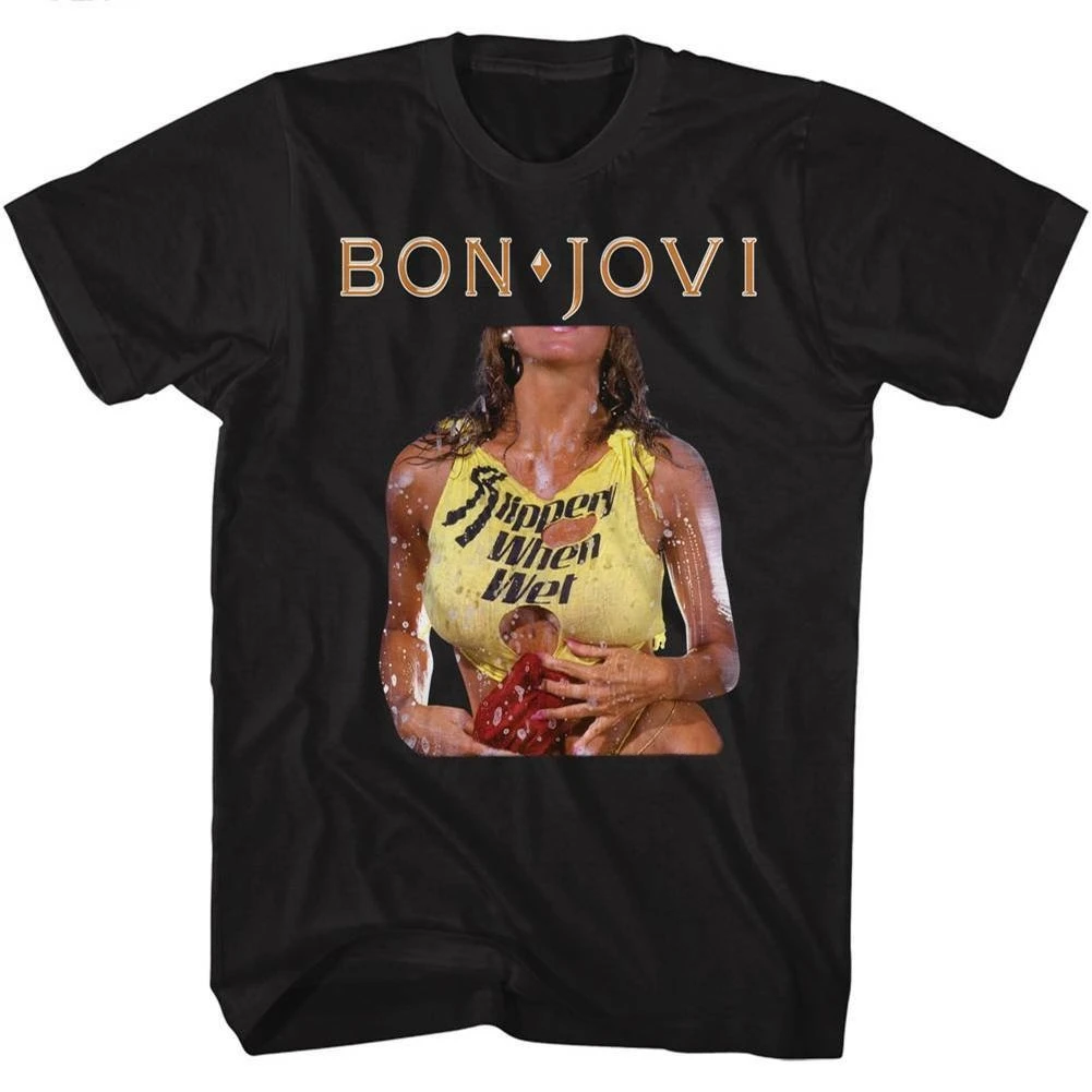 Camiseta negra para adultos con foto de Bon Jovi Slippery When Wet, camiseta de algodón holgada y transpirable unisex de verano