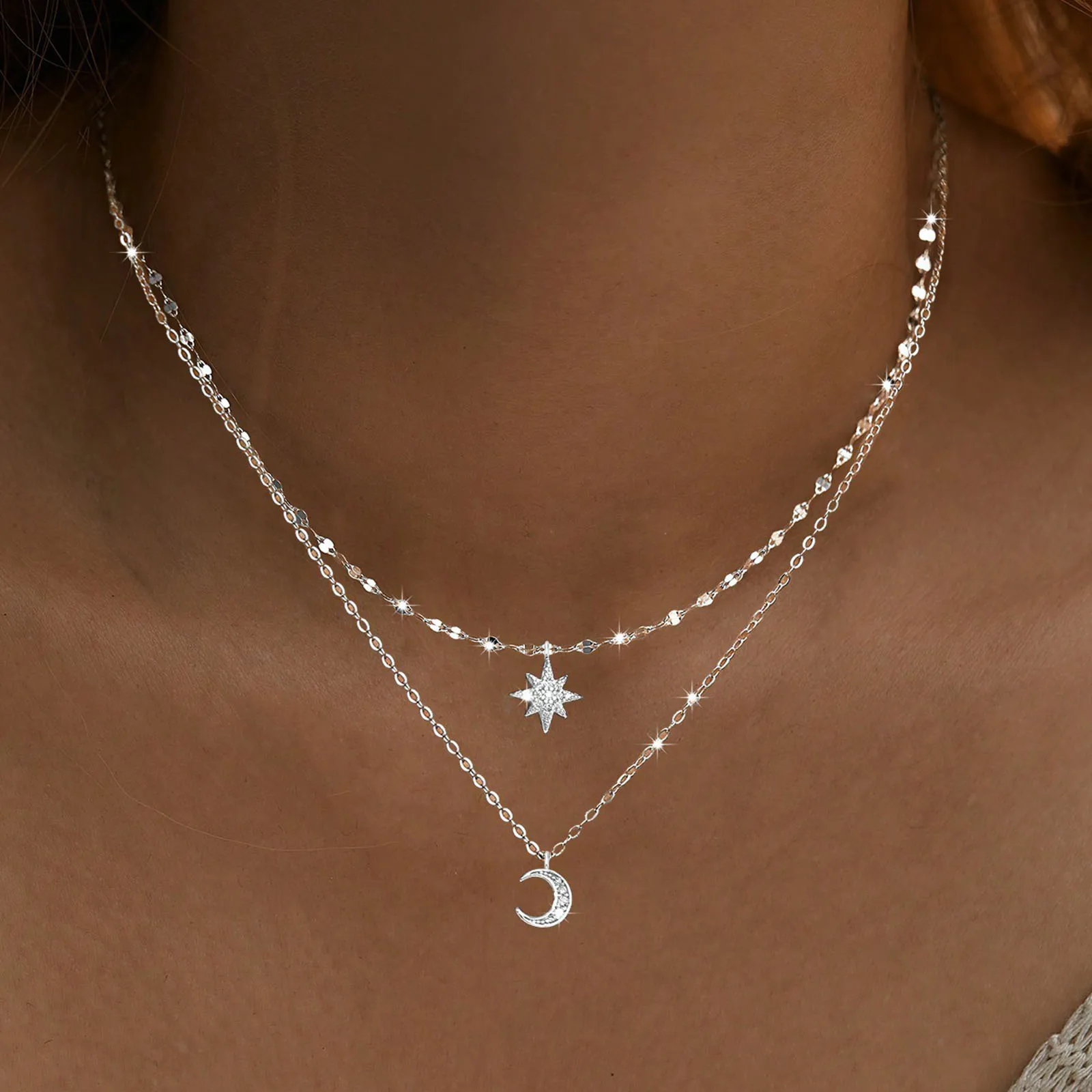 925 sterling silver moon Double-layer necklace, a unique design of star moon layering pendant, versatile collarbone chain