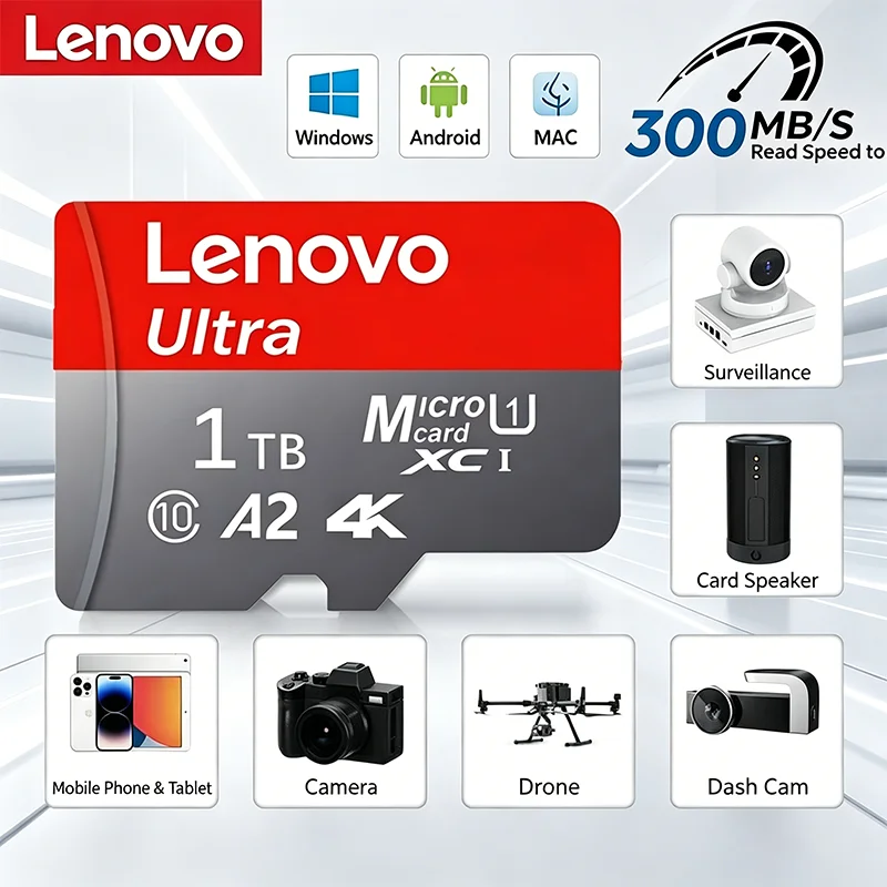Cartão de Memória Micro SD de Alta Velocidade Lenovo 2026, 1TB, 512GB, 256GB, Classe 10, TF Flash para Drone, iPhone, Câmera de Carro