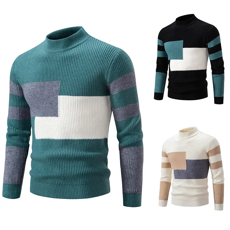 

2023 New Men's Stand Up Collar Colored Knitted Sweater with European and American Style Youth Casual Bottom Sweater