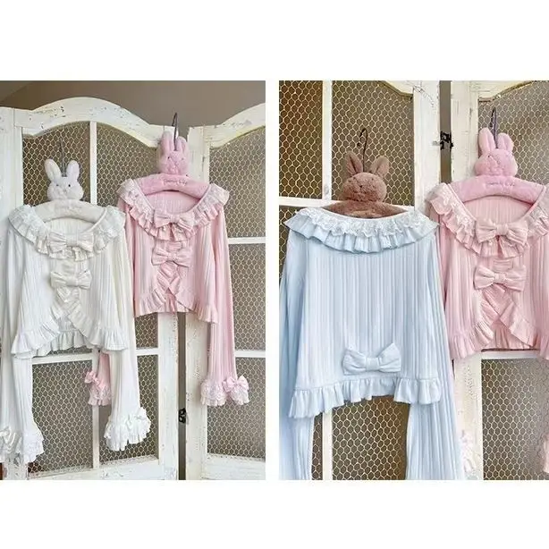 Cute Sweet Bow Ties Ruffles Cardigan Light Lolita Lace Long Flare Sleeve Knit Open Stitch Kawaii Japanese Girls Short Pink Tops