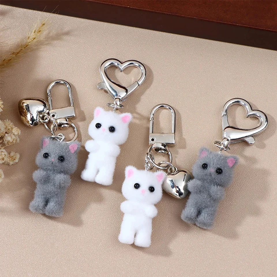 Yupsk Cute 3D Flocking Kitten Keychain Cat Couple Mobile Phone Pendant Car Keyring Earphone Backpack Charms Bag Decor