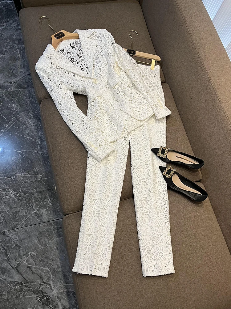 Lady Delicacy White Fine Workmanship Lace Office Suit Single Button Blazer Pencil Pants Women Solid 2pcs