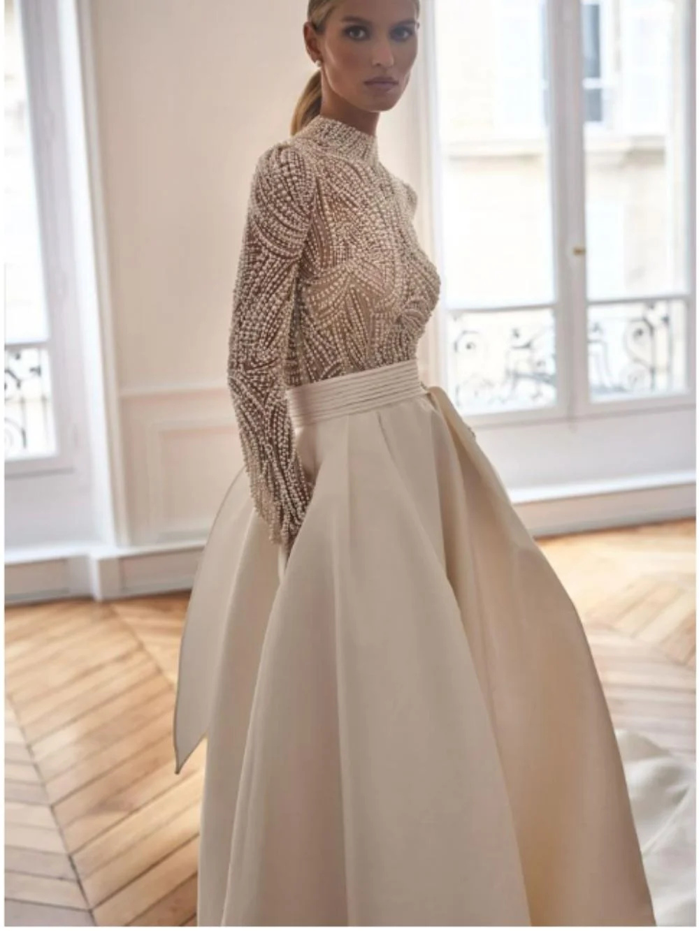 Modest High Collar Long Sleeve Bride Robe Hand-sewn Pearls Bridal Gown Classic Satin Wedding Dress Customized Vestidos De Novia