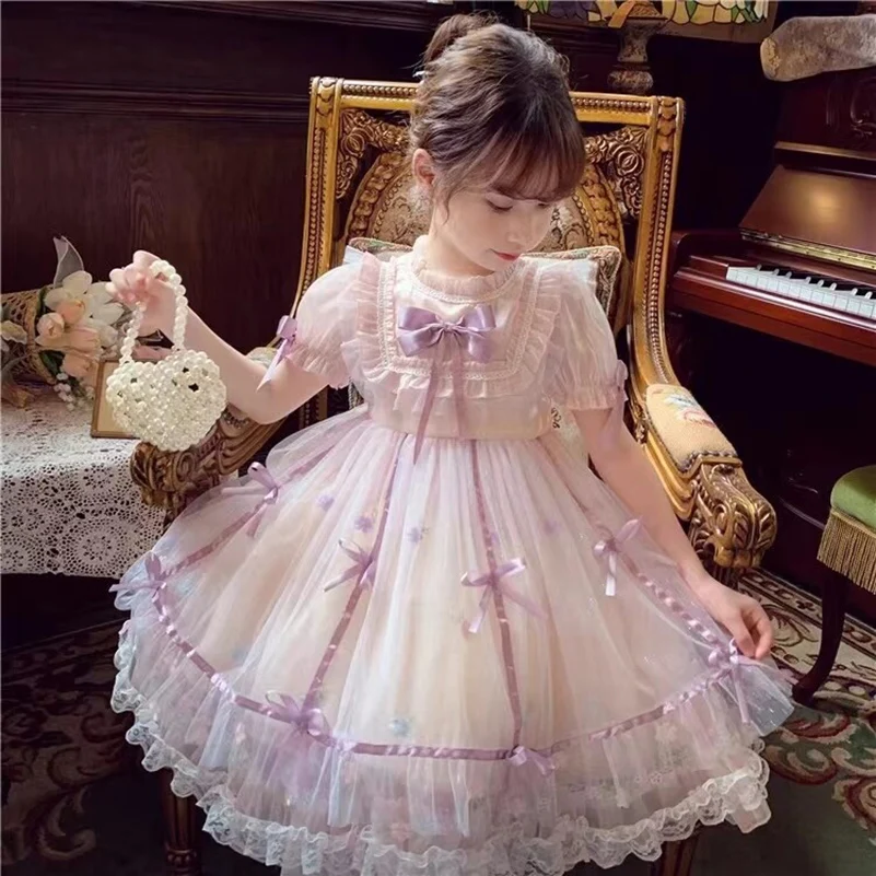 Children\'s Lolita Cake Dress Summer Elegant Bow Bubble Sleeves Girl\'s Casual Dress Party Dress Formal Occasion Kids Clothing