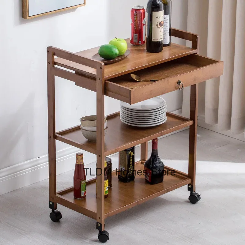 Bamboo Mobile Hotel Trolley Restaurant Wine Service Cart Multi-function Bar Cart with Wheels Hotel Furniture Home Kitchen Cart