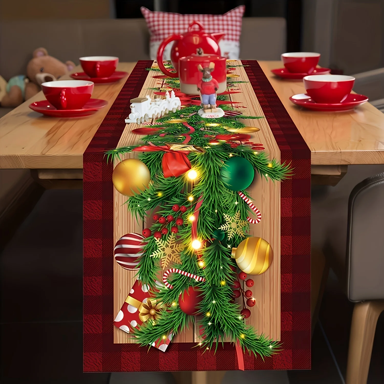 Merry Christmas Linen Table Runner Holiday Party Decor Christmas Balls Buffalo Plaid Pattern Table Runners Christmas Decorations