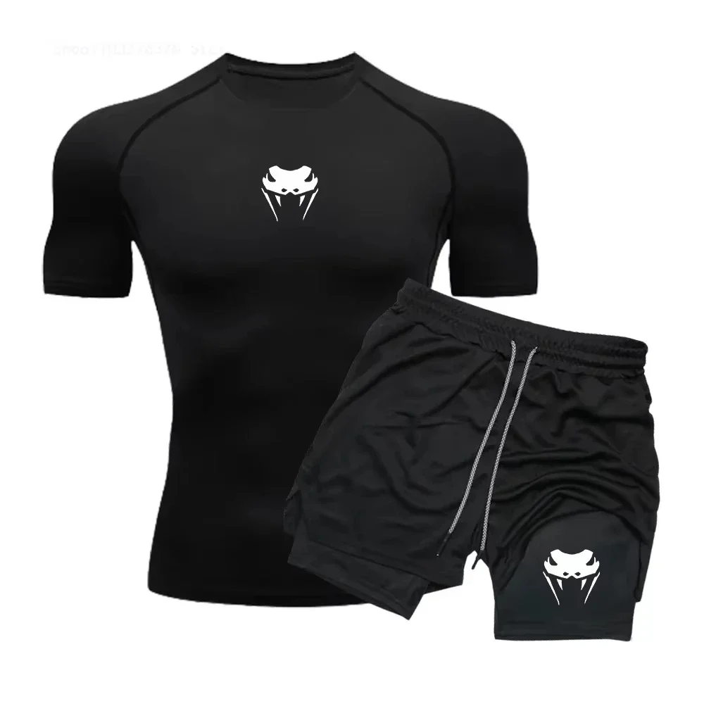 

Trendy printed sports fitness suit set, quick drying tight short sleeved anime double-layer shorts set, fitness running set
