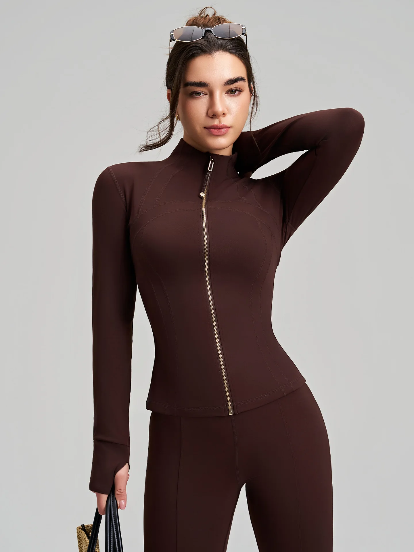 

Women's Slim-Fit Yoga Top with Long Sleeves Fingerless Gloves and Stand Collar Premium Yoga Wear
