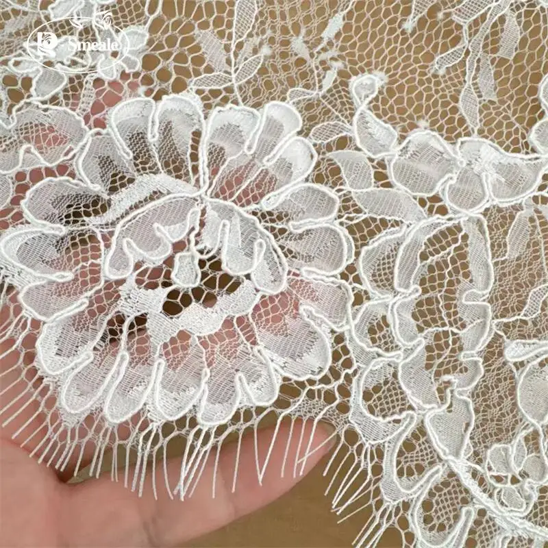 3Meters .High End Border Eyelash Lace Fabric .Wedding Dress  White Geometric Flowers Sewing Accessories
