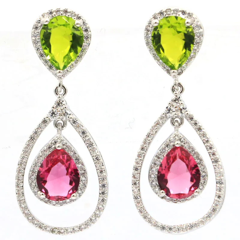 

Buy 4 Get 1 Free 42x17mm Multi Color Pink Tourmaline Green Peridot Fire Rainbow Mystic Topaz Present Daily Wear Silver Earrings