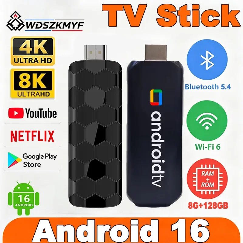 Android 16 TV Stick 4K 8K UHD Streaming Media Player 8GB+128GB WiFi6 BT Friendly UI Home Theater TV Dongle For Netflix YouTube