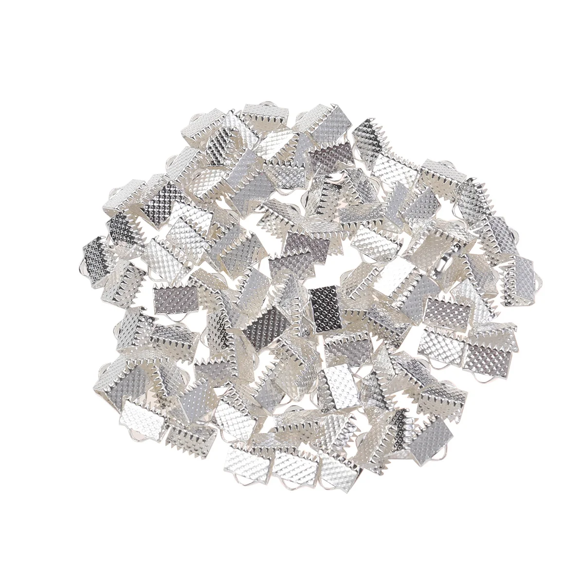 100 PCS Ribbon Ends Cord Zipper Clips Fastener Clasps Silver Textured Crimp Clamps Plated