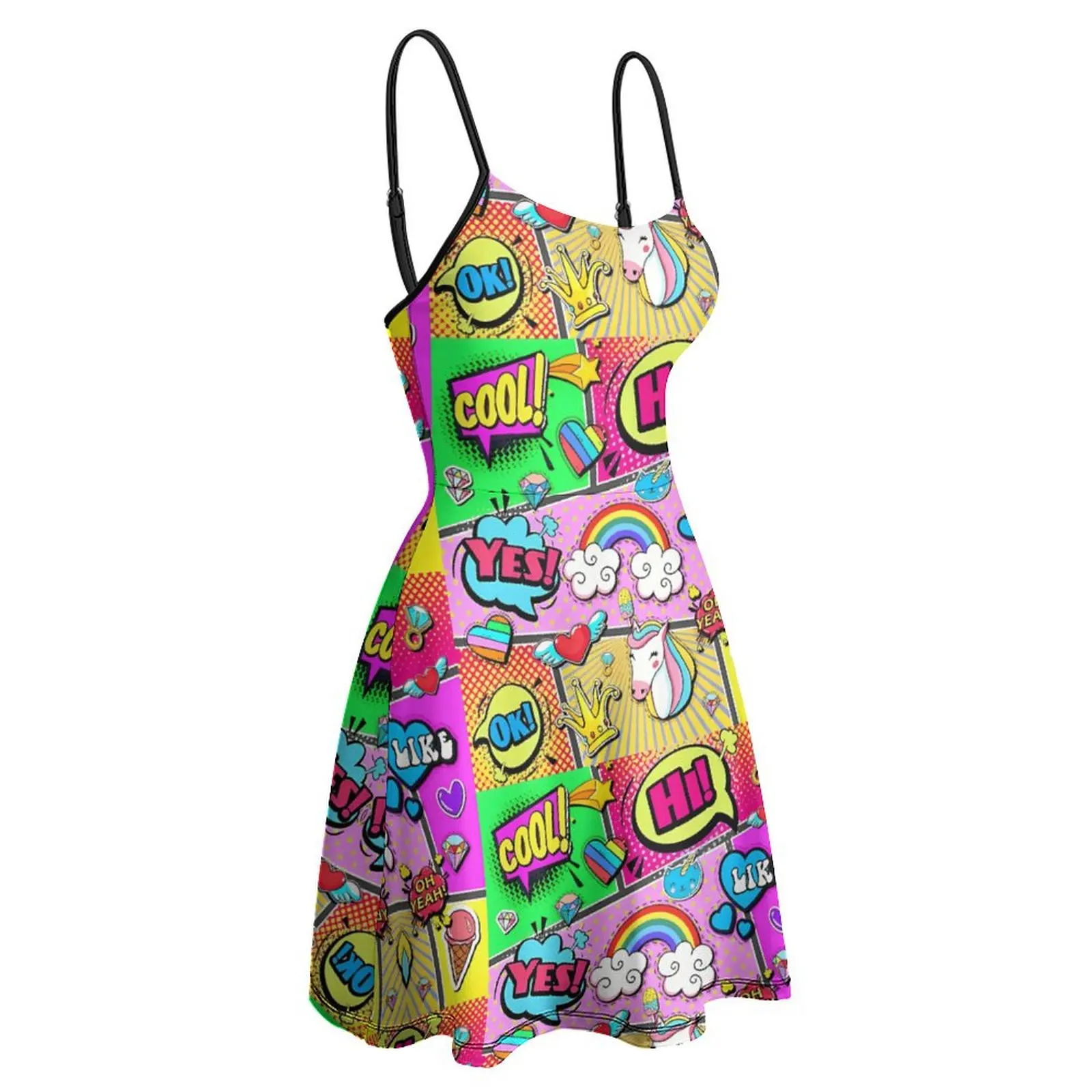 

Panels Crazy Colorful Girly Comic Book Pop Art (1) Women's Sling Dress Funny Graphic Sexy Woman's Dress Humor Clubs Dresses