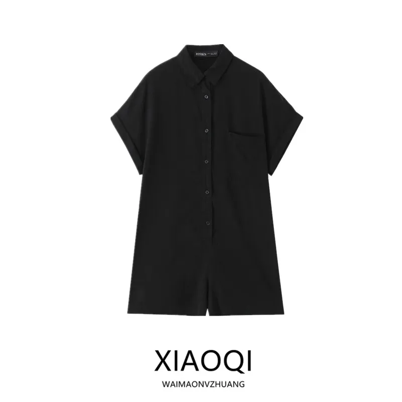 acão curto f versátil para o verão 2025, com bolso decorativo, manga curta, estilo drapeado, cintura média, ideal p...