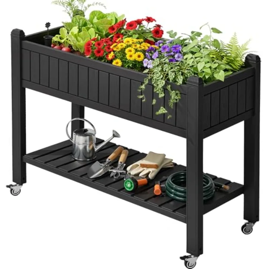 

Пластиковый приподнятый грядок-клумба для сада 42.5x17.3x35.4 дюйма с колесами, ножками, дренажной пробкой и полкой для хранения для растений и овощей