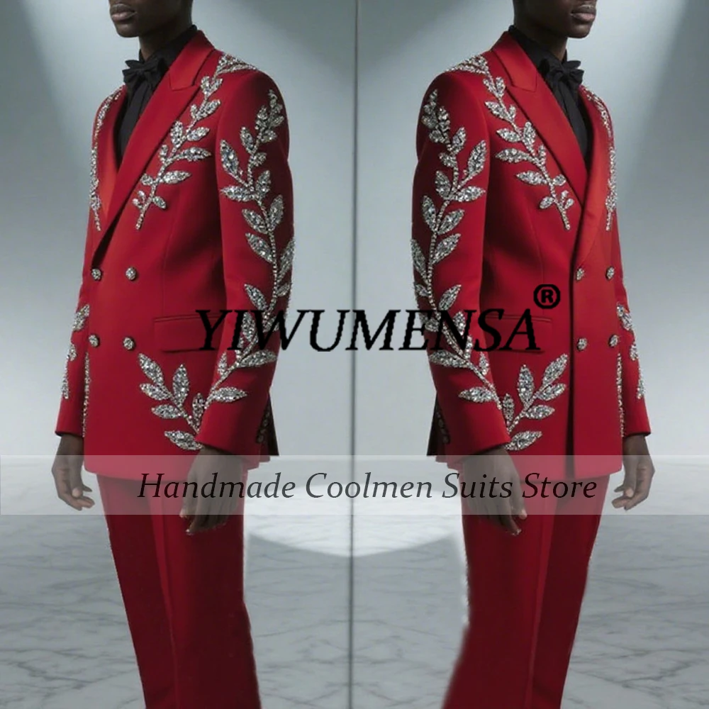 

Man Fashion Beaded Stones Leaf Suits Men For Wedding Single Breasted Prom Blazers Outfits 2 Pieces Groom Tuxedos costume homme