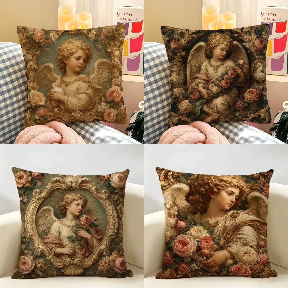 Little Angel Romance Cushion Cover Natural Linen Organic Fabric Double-Sided Printing Breathable Perfect For Home Decor