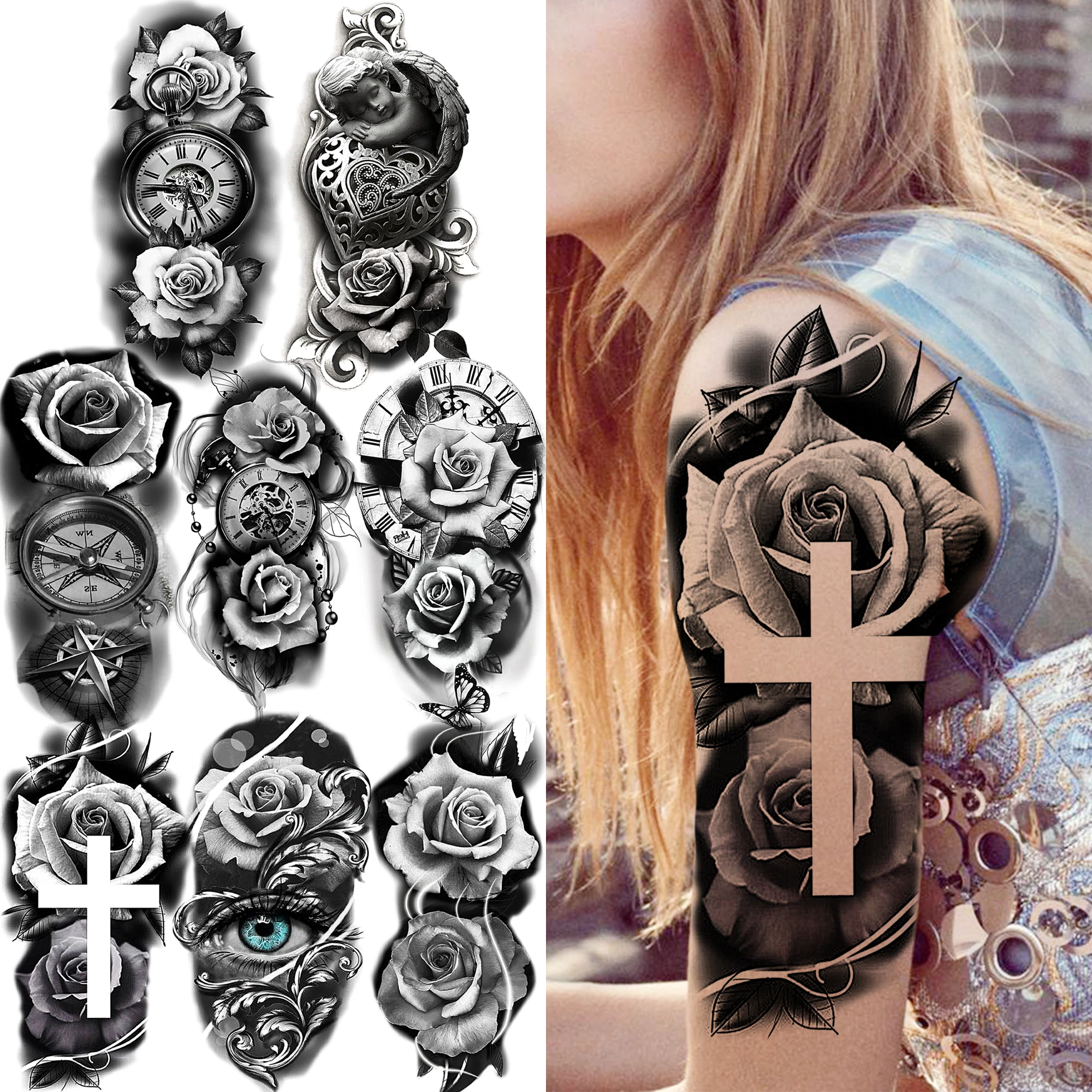 

1 Sheet Cross Flower Temporary Sleeve Tattoos For Women Adults Peony Rose Compass Tattoo Sticker Thigh Forearm Arm Leg Body Art
