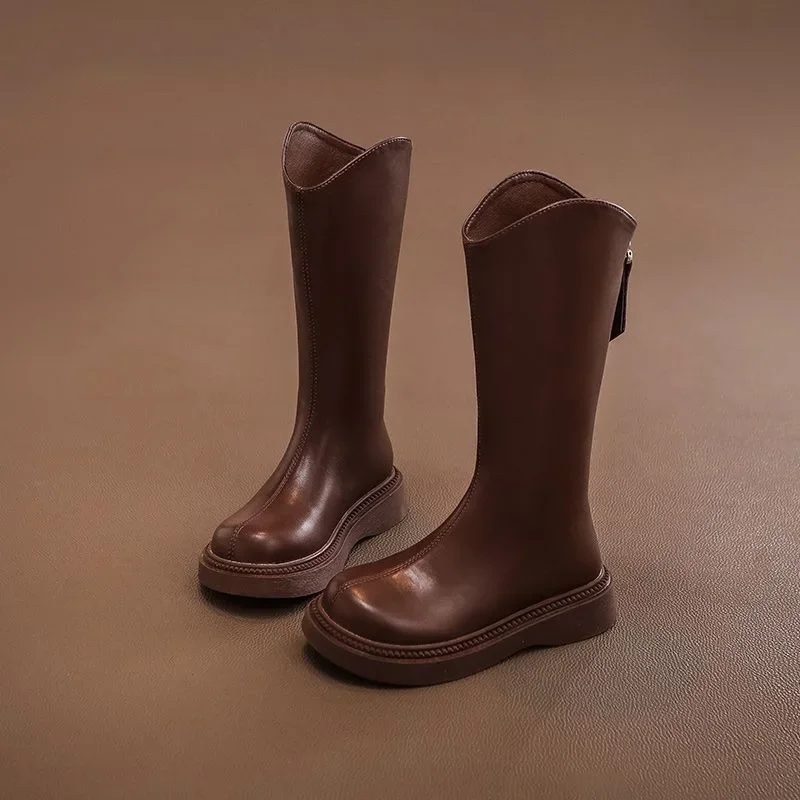 Simple Stylish Long Boots Girls High-top Warm Boots Student Performance Runway Boots Children Casual Flat Round-toe High Boots.