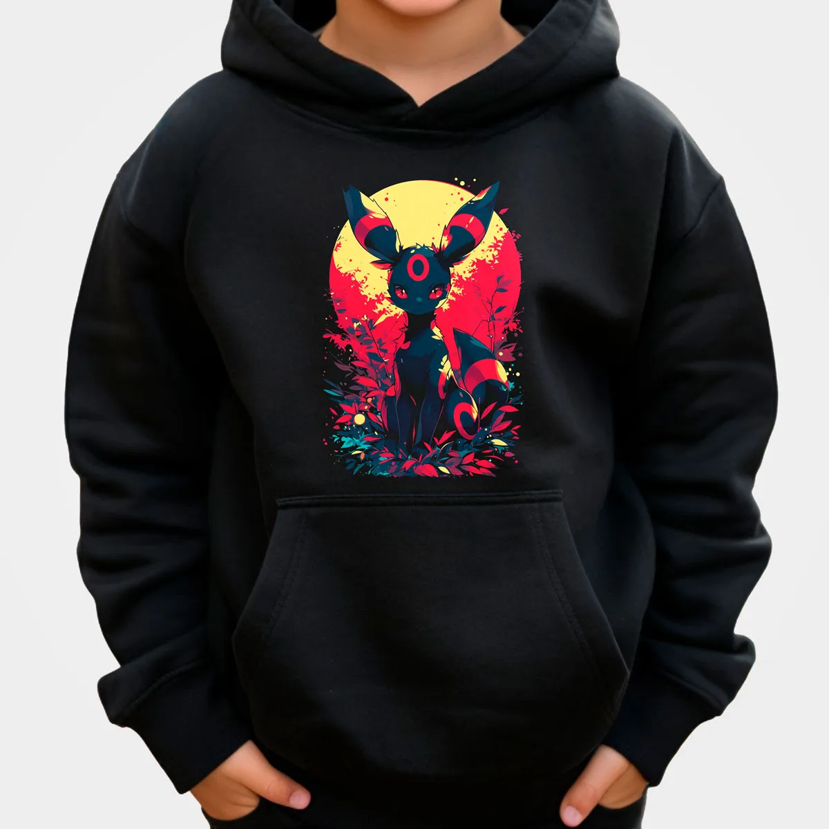 ポケモンアニメ ウンブレオン コットンパーカー ブラック、青い光る目、黄色の満月の夜の牧草地のシーンパターン、ルーズフィット