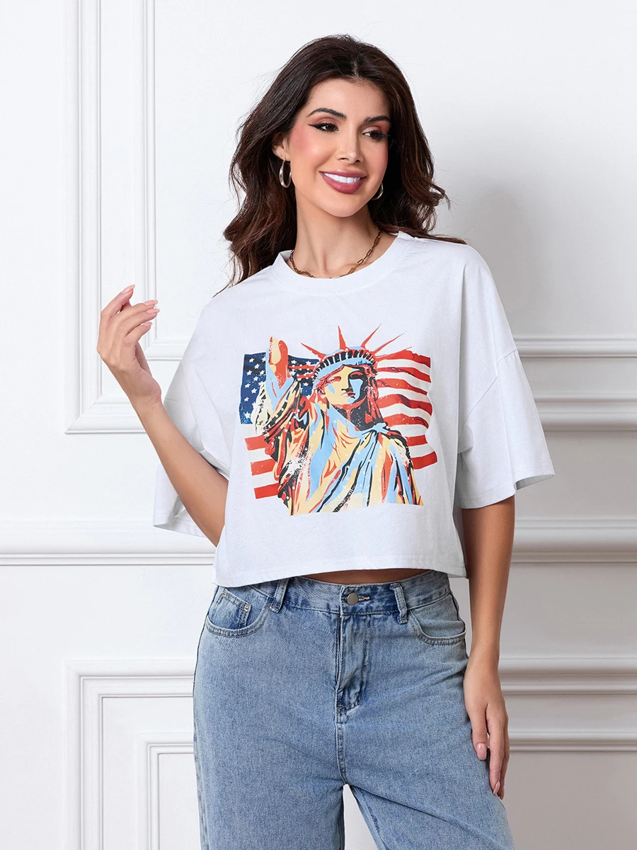 Tops de verano de manga corta para mujer, blusa informal con cuello redondo y estampado de bandera/estatua, holgada, 2024