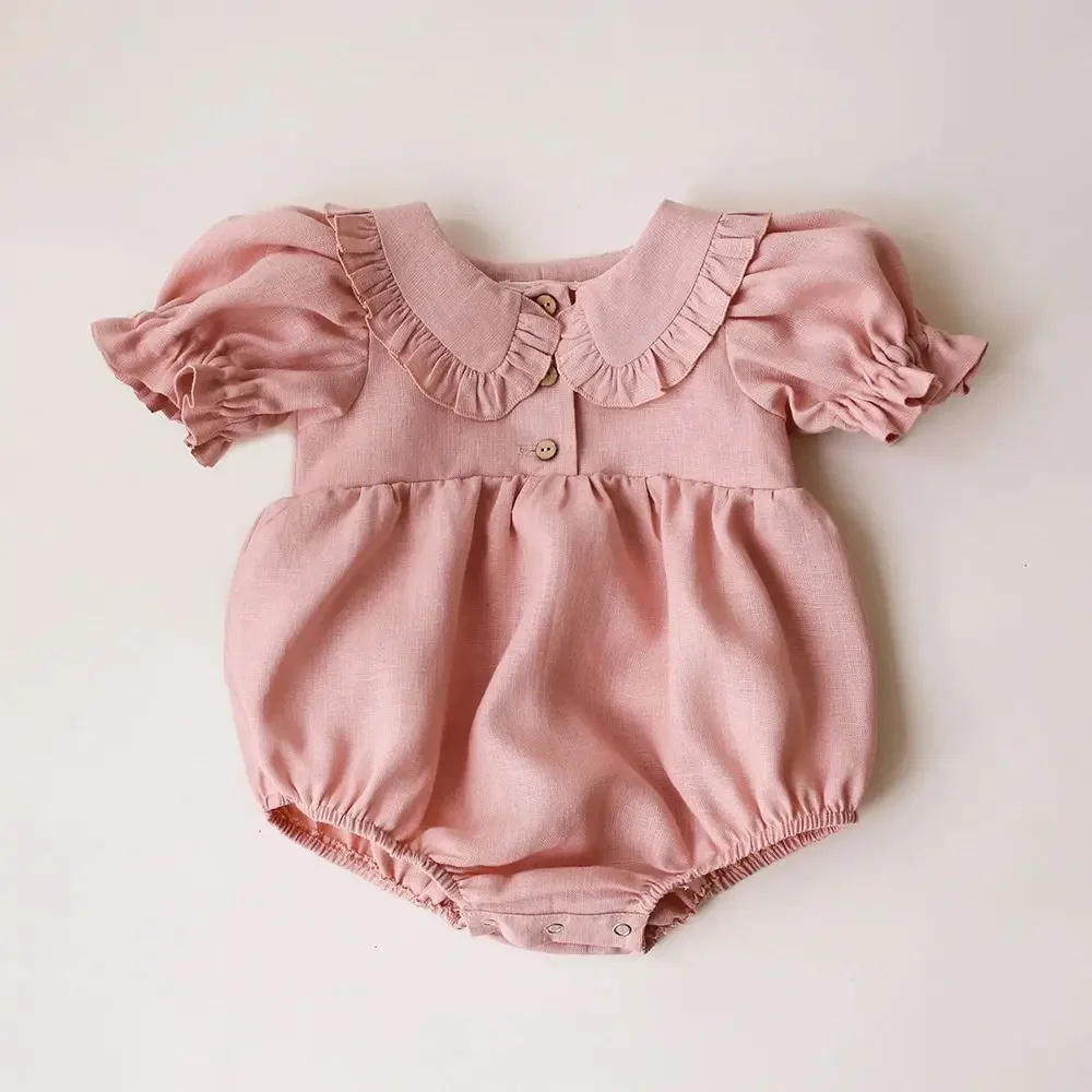 

Summer Baby Girl Bodysuit Pink Linen Cotton Infant Baby Girl Playsuit Clothing