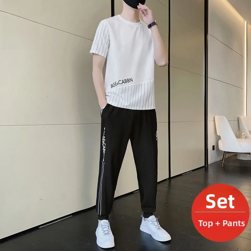 

Summer Sportswear Set Men's ort Sve Casual Nine-Piece Cuffed Pants One Set Men's Faionable Brand T-irt And P...