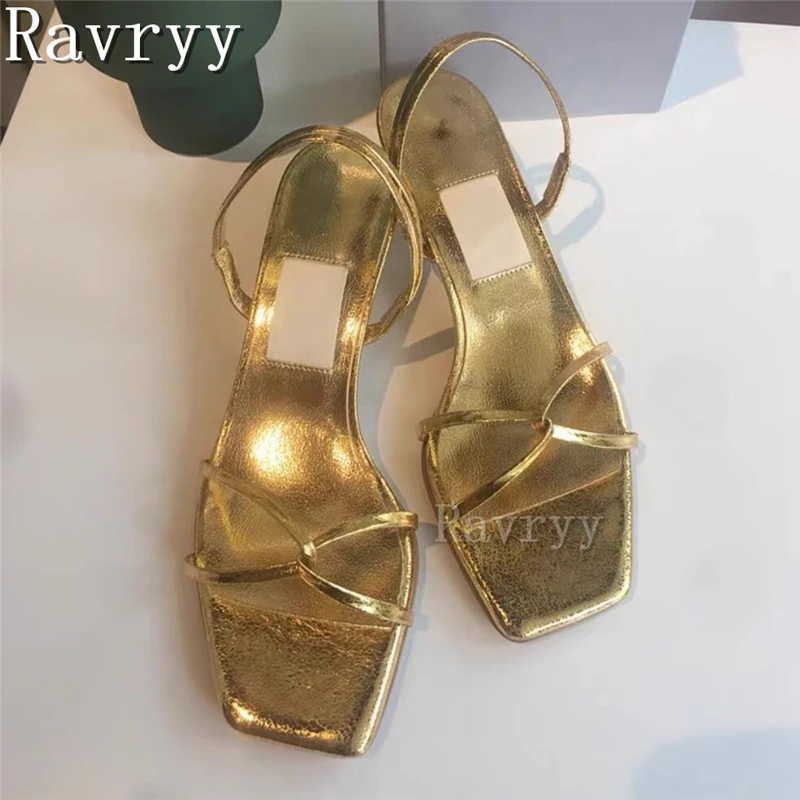 Retro złote obcasy typu Kitten kapcie letnie nowy styl bajki kwadratowy palec pasek krzyżowy eleganckie buty kobiet luksusowe sandały