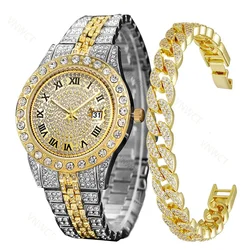 Luxury Men Golden Watch Ladies Wrist Watch Rhinestone Hip-hop Diamond Bracelet Watch Male Clock Relogio Feminino