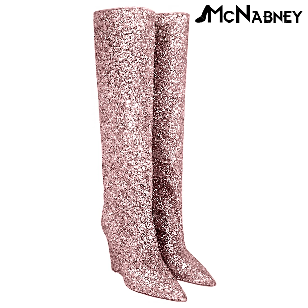 Shiny Glitter Luxury Wedge Knee Boots Pointed-Toe Tubular Boots Women's Designer Style Fashion Handmade Bling Bling Wedge Boots