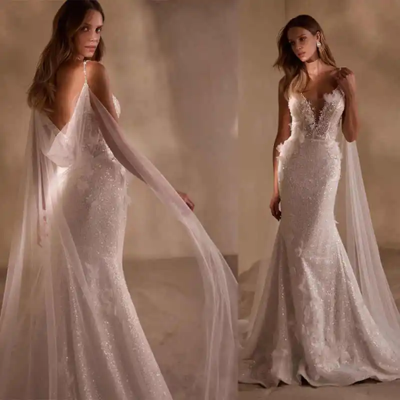 Gorgeous Wedding Dresses Mermaid Appliques Lace Backless Sleeveless Sweep Train Bride Wedding Dresses Robe de mariée Customized