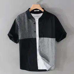 2024 Summer Men's New Short Sleeved Trendy Casual Shirt Loose Contrast Stripe Splicing Comfortable and Versatile Shirt Outwear