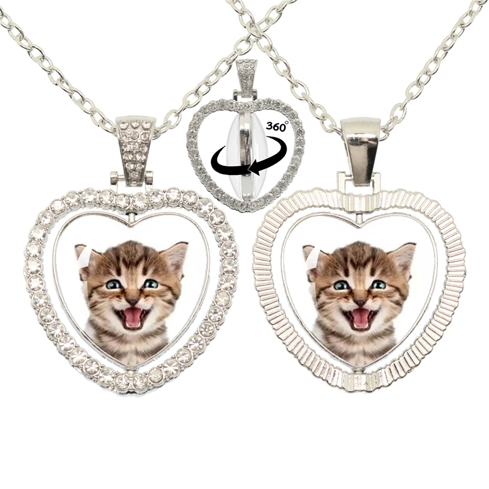 Lovely Little Cat Glass Cabochon 360 Degree Rotating Heart Shaped Pendant With Double-Sided Necklace For Girls\' Birthday Gift Je