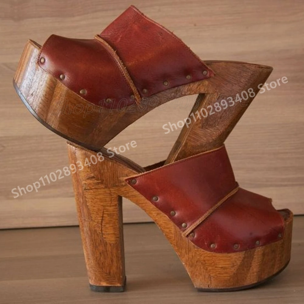 Brown Retro Style Peep Toe Platform Slippers Rivets Matte Leather Chunky High Heel Fashion Women Shoes 2025 Summer Para Mujere