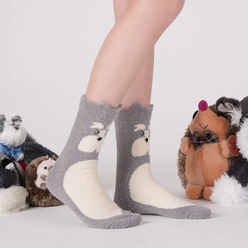 

Fashion Cartoon Husky Coral Fleece Socks Soft Sweet Sleeping Socks Women Funny Hedgehog Dog Plush Socks Girls