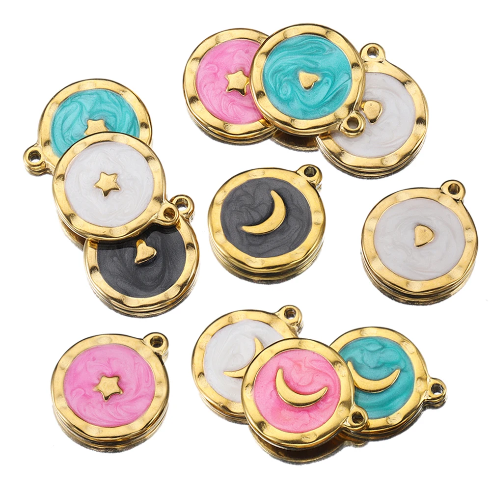 5pcs Gold Color Stainless Steel Enamel Moon Love Medal Heart Charms Pendants for DIY Earrings Necklace Jewelry Making Supplies