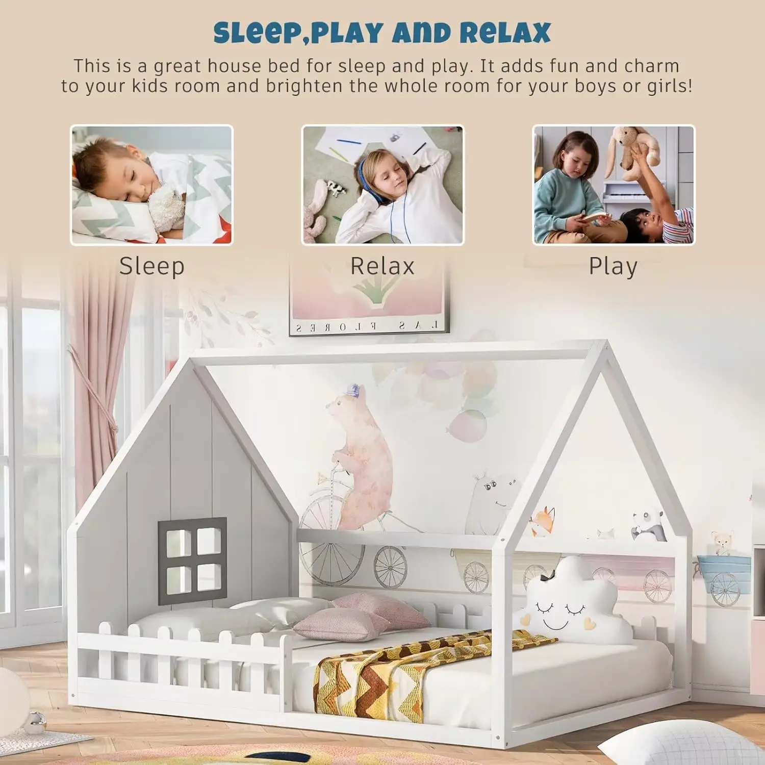 Cama de casa de madera de tamaño completo para niños, cama de piso Montessori con valla y ventana, cama de piso completa con rieles para niñas y niños, blanco