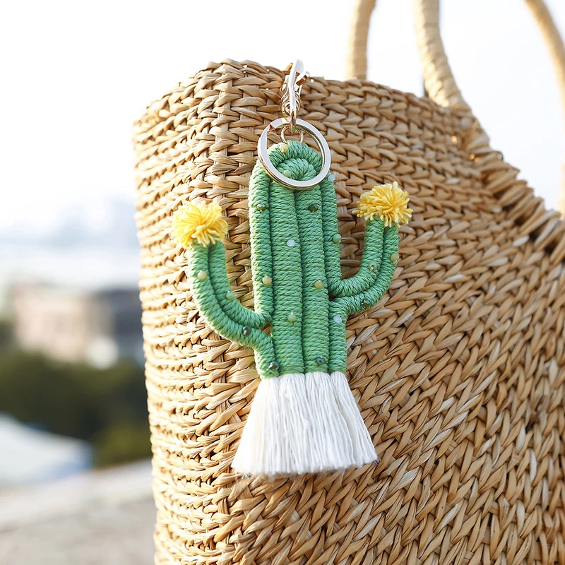 1Pc Exquisite Cute Green Plant Cactus Keychain Fun Bohemian Style Handmade Knitted Feeling Girl Bag Tassel Pendant Holiday Gifts