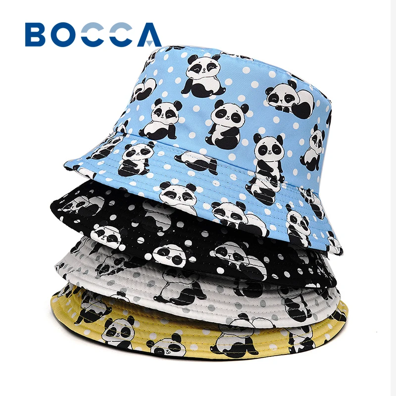 Bocca Children Bucket Hat Cartoon Panda Fisherman Hats Boys Girls Kids Panada Cap Double Sides Printing Sunscreen Sunshade Caps