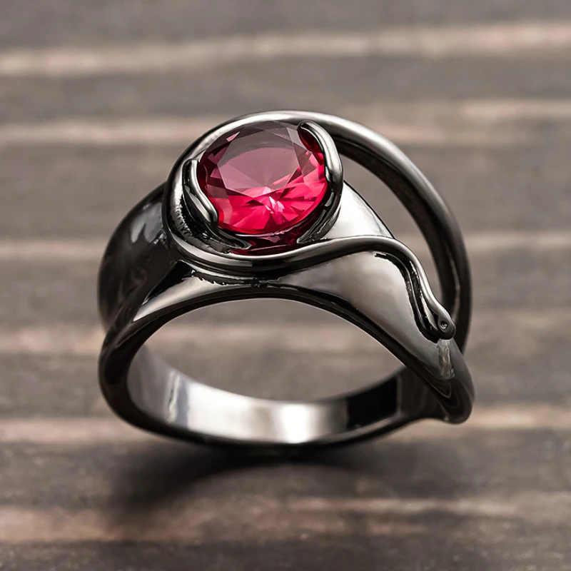 Huitan Vintage Twist Unregelmäßige Runde Rote Zirkonia-Ringe für Damen Schwarz Gunmetal Beschichtet Täglicher Party-Schmuck Einzigartiger Damenschmuck – Detail 4