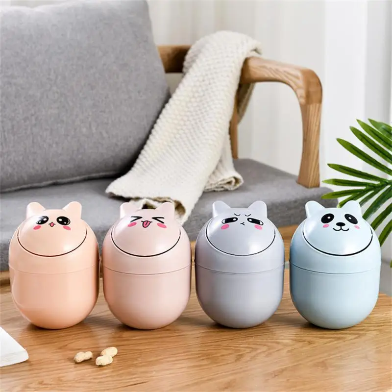 Ins Style Creative Cute Home Desktop with Lid Trash Can Small Mini Kawaii Bedroom Desk Storage Box Pen Holder Give A Sticker