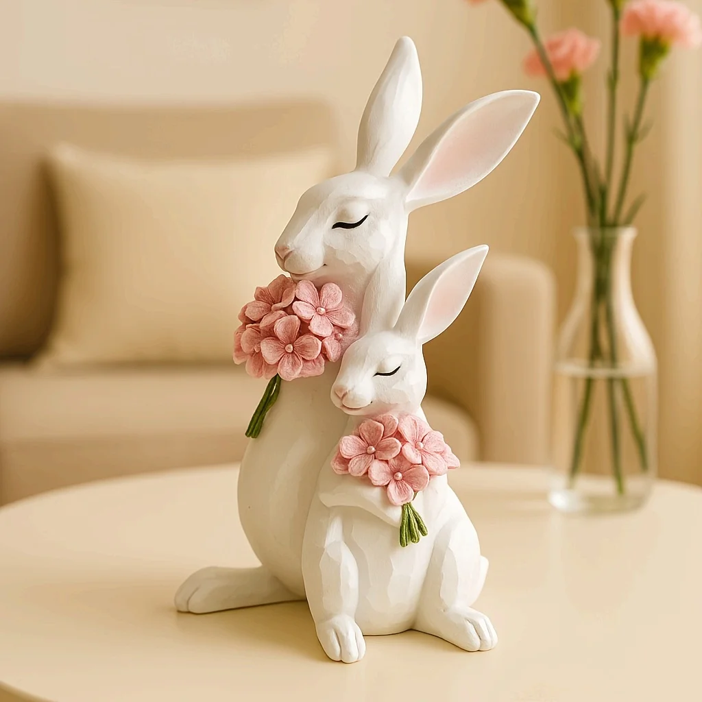 

Mother & Youngsters Rabbit Figurine - Floral Hand-Painted Resin Decor for Easter, Indoor/Outdoor Display